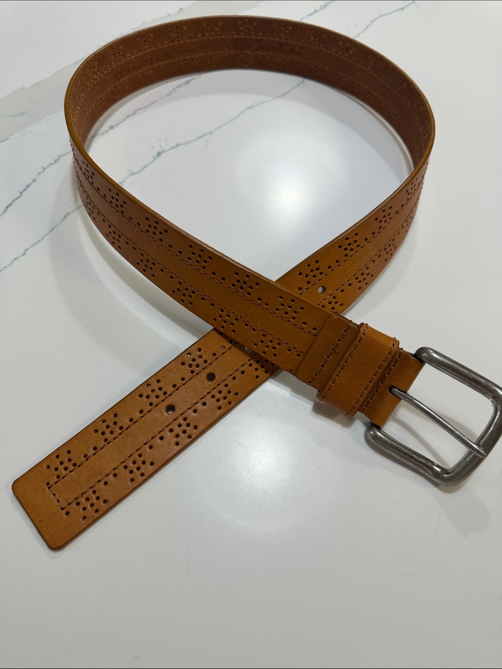 VTG Women's Tan Perforated Leather Belt with Metal Buckle